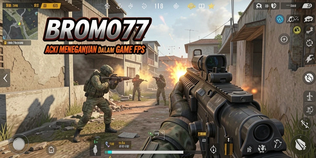Screenshot BROMO77 menunjukkan aksi menembak yang intens dan gameplay seru.