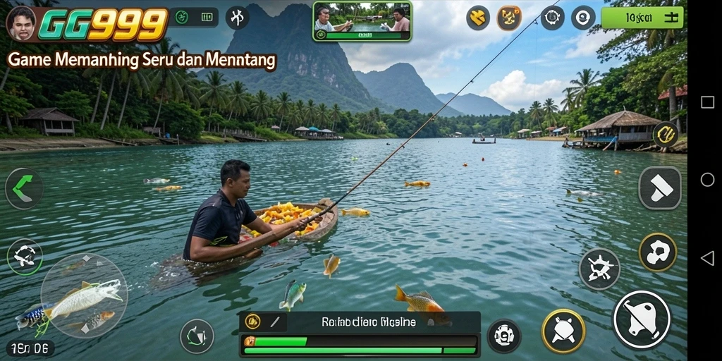 Screenshot GG999 menampilkan aksi menangkap ikan yang seru dan pemandangan alam yang indah.