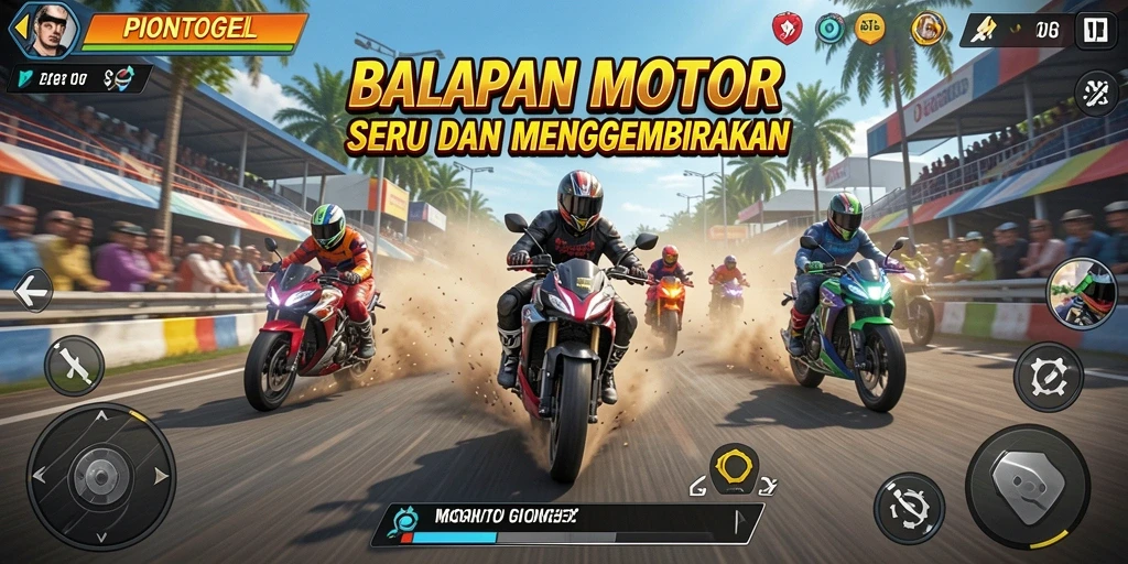 Tampilan gameplay PIONTOGEL dengan aksi balapan motor yang mendebarkan.