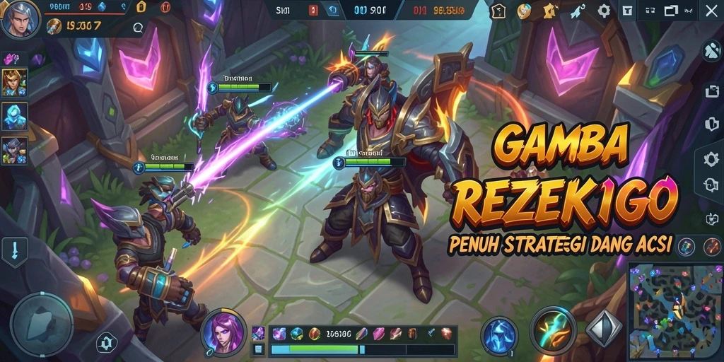 Tampilan gameplay intens dalam pertandingan MOBA REZEKIGO.
